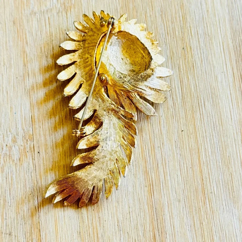 Whimsical Feather Rhinestone Brooch Pin VTG Satin Gold Pave Wave Leaf 1950s